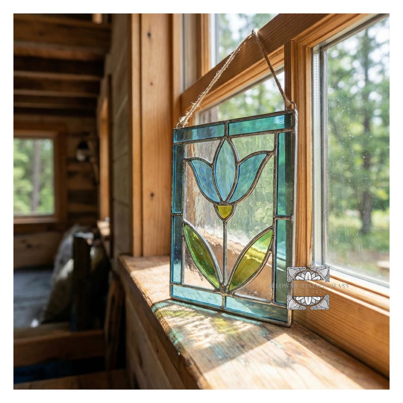 May include: A stained glass panel featuring a blue tulip design with green leaves and a yellow center. The panel is framed in teal and hangs from a natural fiber cord. The artwork is displayed in a wooden window frame.