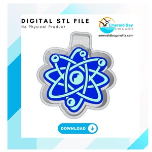 May include: A digital STL file for 3D printing of an atom model. The atom is blue and white with a gray outline. The image includes the text "DIGITAL STL FILE" and "No Physical Product".