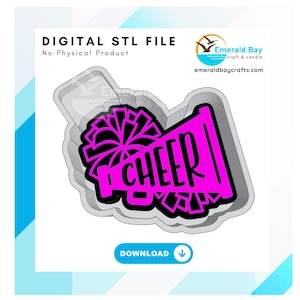 May include: A digital STL file for 3D printing a pink megaphone with a black pom-pom and the word "CHEER" in black letters. The file is for download only, no physical product is included.