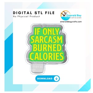 以下が含まれることがあります： 3Dプリントされたクッキーカッター用のデジタルSTLファイル。カッターは、「もし皮肉がカロリーを消費したら」と書かれた看板の形をしています。テキストはグレーの背景に黄色と緑色で書かれています。