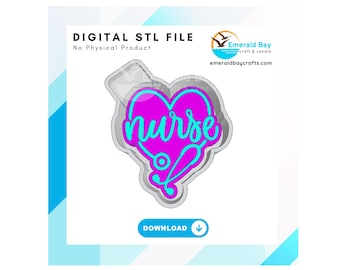 May include: A digital STL file for 3D printing a heart-shaped design with the word "nurse" in turquoise lettering and a stethoscope inside the heart. The heart is pink and the stethoscope is magenta.