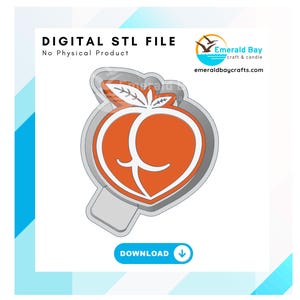 May include: Digital STL file for 3D printing a peach design. The peach is orange with a white stem and leaf. The file is for download only, no physical product is included.  "Emerald Bay Craft & Candle" and "emeraldbaycrafts.com" are printed on the image.