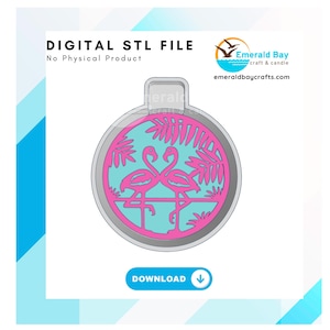 May include: A digital STL file for 3D printing a pink flamingo ornament with a blue background and palm leaves. The ornament is round and has a hole at the top for hanging. The file is for digital download only, no physical product is included.