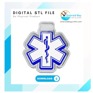 May include: A digital STL file for 3D printing of a blue and white Star of Life medical symbol. The file is for download only and no physical product is included.