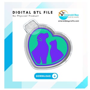 May include: A digital STL file for 3D printing a heart-shaped design with a dog and cat silhouette inside. The heart is silver, the dog is purple, the cat is purple, and the background is teal.
