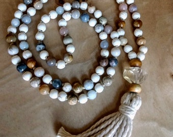 ABUNDANCE Mala Citrine Tassel 108 prayer beads coastal vibes positivity howlite flower fossil agate sunstone yoga gift solar plexus chakra