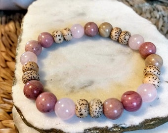 LOVE & Friendship Rose Quartz Bracelet Rhodonite Bodhi Seed Heart Chakra Wrist Mala 8mm