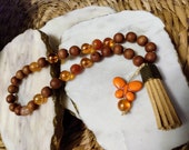 Pocket Mala Butterfly Aqua Aura Quartz - Tassel - Sandalwood Travel Mala Custom Made - 33 Prayer Beads - Sacral Chakra
