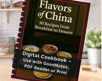 以下が含まれることがあります： 「Flavors of China」というタイトルのデジタル料理本。朝食からデザートまで50のレシピを収録。表紙には大きな白い文字でタイトルが書かれ、中華料理の写真が掲載されています。GoodNotes、PDFリーダー、または印刷で使用するように設計されています。