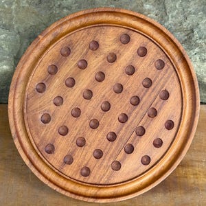 Antique Wooden Solitaire Game Board with Stone Marbles