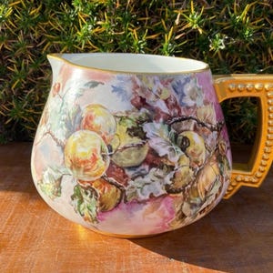 Antique Jean Pouyat Limoges France Pitcher With Hand Painted Apples and Gold Handle