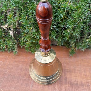 Vintage Large Brass Bell With Wooden Handle 12”