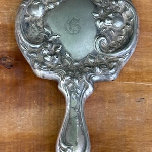 Antique Art Nouveau Hand Held Monogrammed Sterling Silver Repousse Vanity Mirror