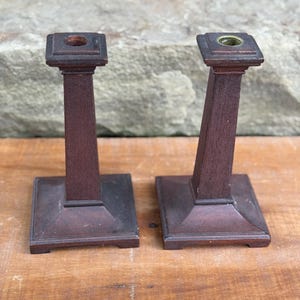 Vintage Pair of Arts and Crafts Wooden Candlestick Holders