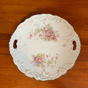 Vintage Austrian Embossed Floral Cake Plate Scalloped Edge With Handles Pink Flowers