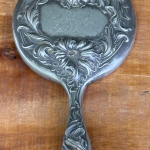 Antique Art Nouveau Hand Held Monogrammed Sterling Silver Repousse Vanity Mirror
