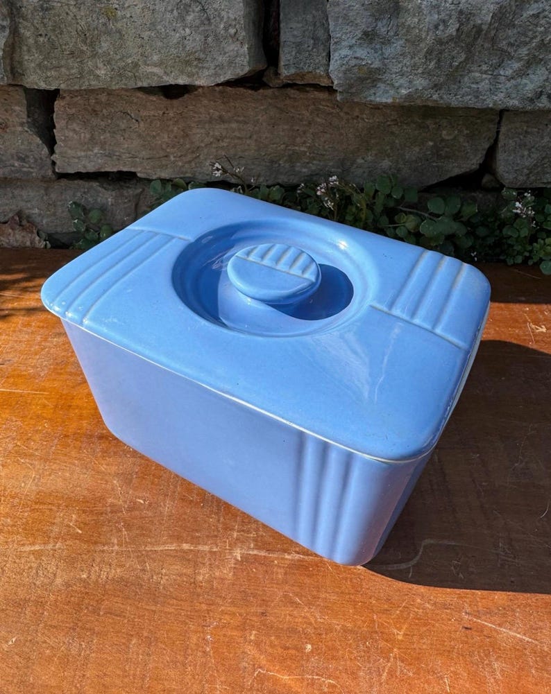 Antique 1930’s Art Deco Hall Pottery Blue Teapot and Refrigerator Jar