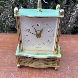 Antique German Kaiser Musical Wind-Up Alarm Clock Brass Mint Green