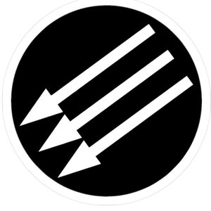 May include: A black and white circle with three white arrows pointing to the right, inside the circle.