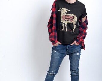 Sheepish T-Shirt, Dark Humor Exposed Sheep Design, Edgy Vegetarian Statement Tee by Vacant Windows