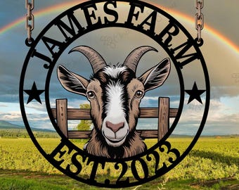 May include: Black metal sign with a goat head silhouette and the text "JAMES FARM EST 2023". The sign is hanging from a chain against a backdrop of a green field and a rainbow.