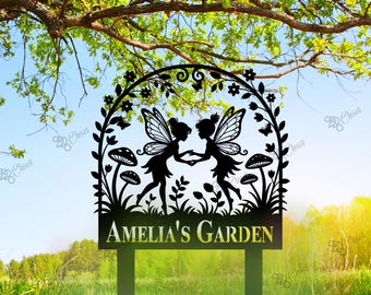 Letrero de jardín de hadas personalizado, estaca de metal de hadas, letrero con nombre personalizado, decoración de jardín, regalo de jardinería, arte para el jardín