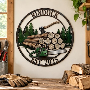 May include: A circular metal wall sign featuring a forest scene with a stack of logs, an axe, and a green chainsaw. The text RINDOCK is at the top and EST. 2025 is at the bottom. The design includes dark brown, green, and metallic silver tones.