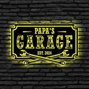 Personalisierte Garage Metallschild mit LED-Licht, Werkstatt Benutzerdefiniertes Namensschild, Mannhöhle Dekor, Mechaniker Dekor, Werkzeuge Shop Dekor, Geschenk für Papa