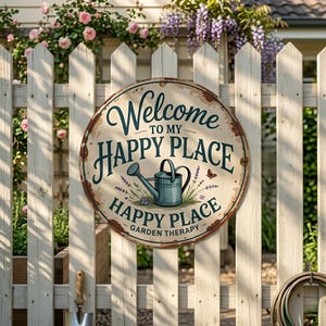 以下が含まれることがあります： 「Welcome to my Happy Place」と書かれた丸い金属製のサイン。青いじょうろ、蝶、ラベンダーの小枝が描かれています。白いピケットフェンスに取り付けられています。