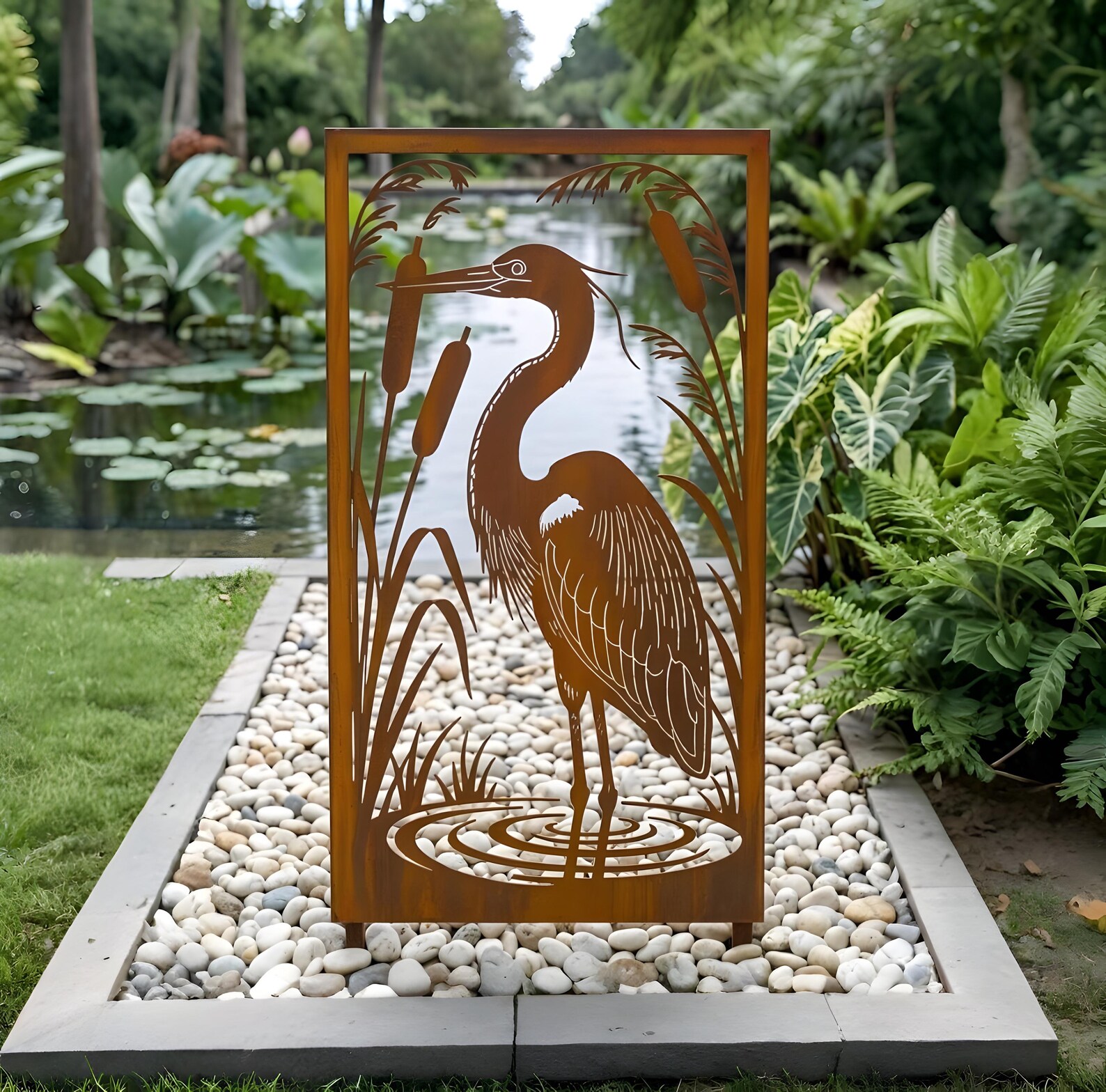 Heron Garden Metal Panel, Bird Garden Art Panel, Outdoor Yard Decor