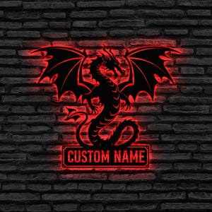 Custom Dragon Metal Wall Art LED Light Custom Name Dragon Metal Sign,Dragon Lover Gifts,Boy Room Decor Dragon Metal Art, Birthday Gift