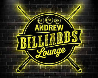 Lampe LED d'art mural en métal personnalisée pour billard, enseigne en métal de billard, décoration de salle de jeux, enseigne de salle de billard, enseigne de nom de billard