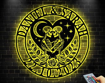 Custom Skeleton Couple Metal Sign Led Light, Skeleton Couple Metal Wall, Skull Lover Gift, Gothic Decor, Wedding Gift, Anniversary Gift,