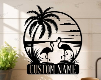 Personalized Flamingo Sunset Wall Decor,Flamingo Wall Sign,Flamingo Metal Wall Art,Tropical Palm Tree Metal Sign,Tropical Flamingo Decor