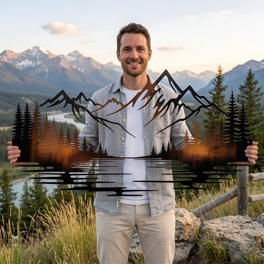 Mountain Lake Metal Wall Art, Rustic Forest Wall Decor, Pine Tree Cabin ...