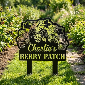 Personalized Berry Patch Metal Garden Stake,Berry Patch Sign, Metal Yard Stake, Personalized Raspberry Blackberry Garden Marker,