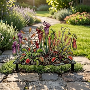 May include: A decorative metal garden stake featuring a colorful illustration of various carnivorous plants, including pitcher plants and Venus flytraps, with vibrant shades of green, red, and purple, supported by two black metal stakes.