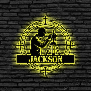 Letrero LED personalizado para agrimensor, letrero con nombre de agrimensor, letrero de pared para agrimensura, letrero metálico para agrimensura, letrero metálico LED para ingeniero