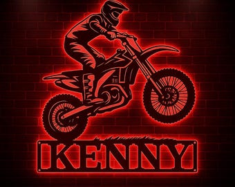 Custom Dirt Bike Metal Sign with Led Light, Motocross Gifts,Motorcycle Biker Gift Home Decor,  Rider Name Sign, Gift for Son Daughter