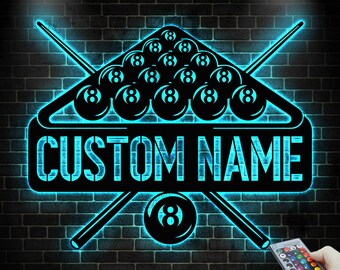 Custom Billiards Pool Metal Wall Art LED Light ,Billiards Ball Name Sign, Game Room Decor, Bar Wall Light, Man Cave Gift,Billiards Decor