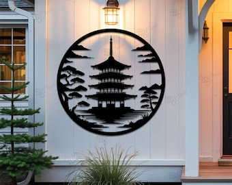 Japanese Temple Metal Wall Art, Japanese Pagoda Sign,  Japanese Home Decor, Inspirational Wall Art, Bonsai Tree Sign, Gift for Him
