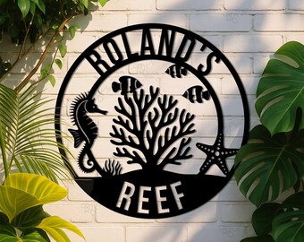 Letrero metálico personalizado de arrecife oceánico, arte mural de coral, letrero metálico de arrecife de coral, letrero personalizado con temática oceánica, placa metálica de arrecife de coral, decoración para casa de playa