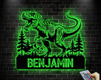 Custom Dinosaur Metal Wall Art LED Light, Personalized Dino Name Sign,Dinosaur Wall Art, Dinosaur Decor,Dinosaur Room Decor for Boys