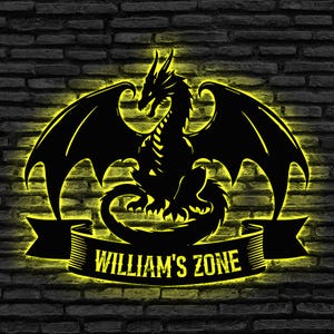 Custom Dragon Metal Wall Art LED Light, Personalized Dragon Lover Name Sign, Dragon Lover Gift, Home Decor, Man Cave Decor, Home Decor