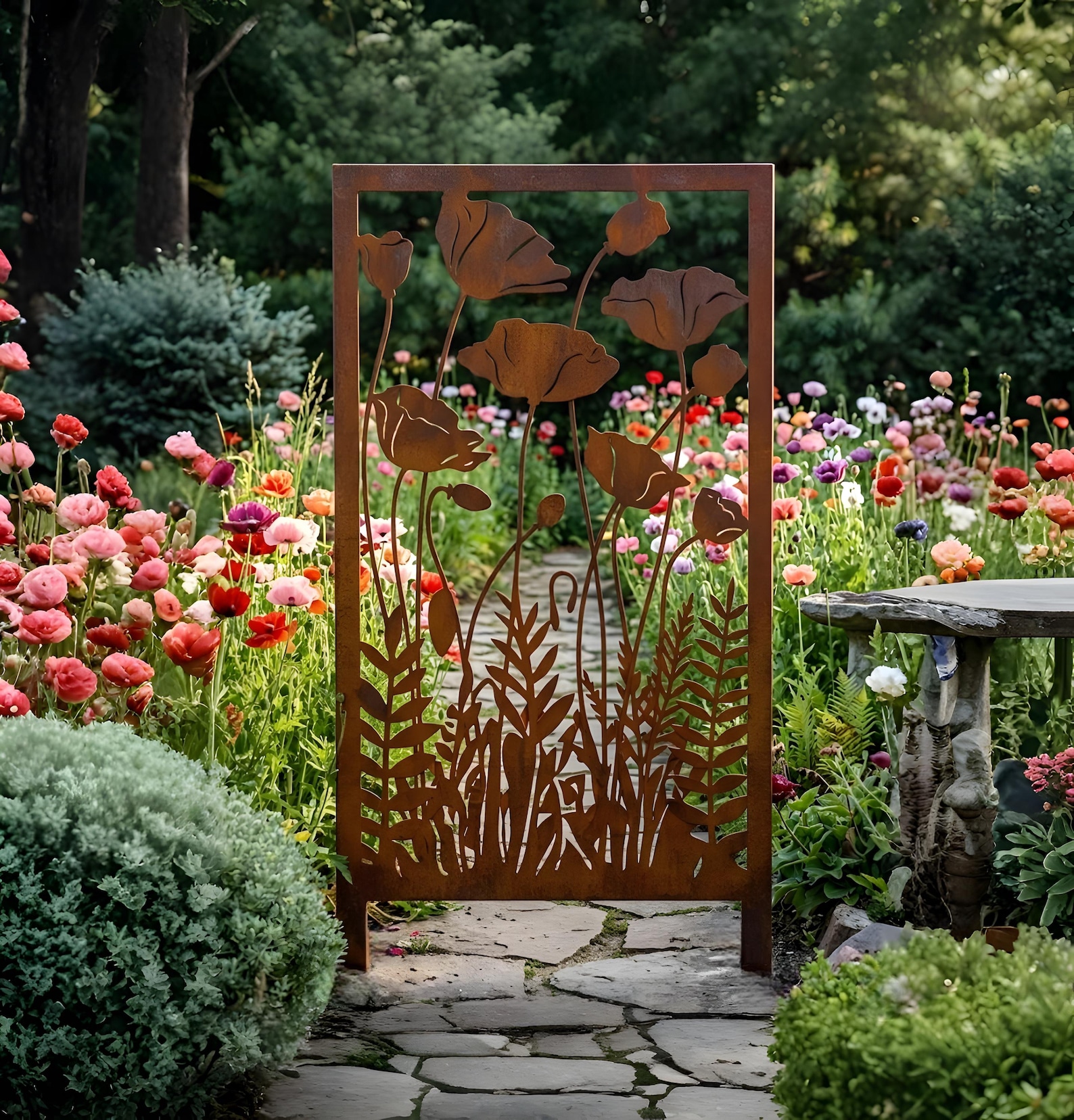 Poppy Flower Metal Garden Panel, Rustic Outdoor Wall Art, Zen Garden