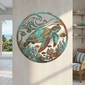 May include: A circular metal wall art piece featuring a sea turtle swimming among coral, starfish, and small fish. The design includes a wave pattern at the top, finished in a weathered patina with shades of teal, copper, and brown throughout.