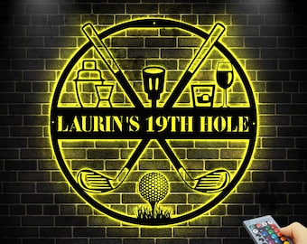 Letrero de bienvenida personalizado para club de golf, letrero del hoyo 19, decoración de golf personalizada, arte mural de golf, letrero de golf de metal, regalos de golf para hombres, letrero para la cueva del hombre