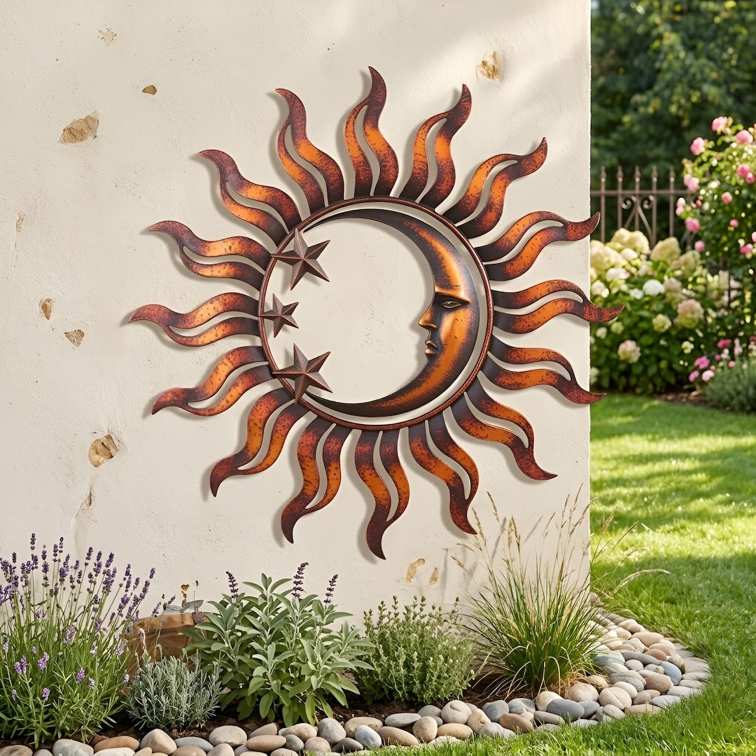 Rustic Sun Moon Wall Decor, Outdoor Garden Art, Celestial Wall Hanging ...