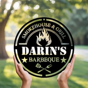 Custom BBQ Grill Sign, Barbecue Smokehouse Outdoor Metal Sign,Smokehouse Sign,Backyard BBQ Grill Name Sign,Barbecue Wall Decor