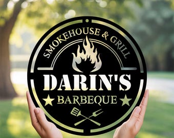 Custom BBQ Grill Sign, Barbecue Smokehouse Outdoor Metal Sign,Smokehouse Sign,Backyard BBQ Grill Name Sign,Barbecue Wall Decor